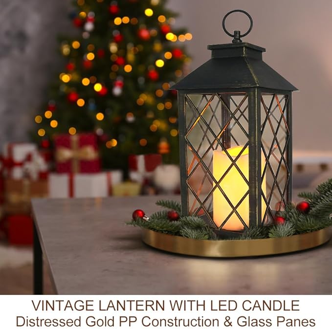 Bright Zeal 13.5" Outdoor Candle Lantern Decorative with LED Pillar Candle Battery Powered (Distressed Gold, 6hr Timer) - IP44 Waterproof Decorative Tabletop Lanterns Hanging Lanterns Indoor Outdoor-Ruum Studio Home