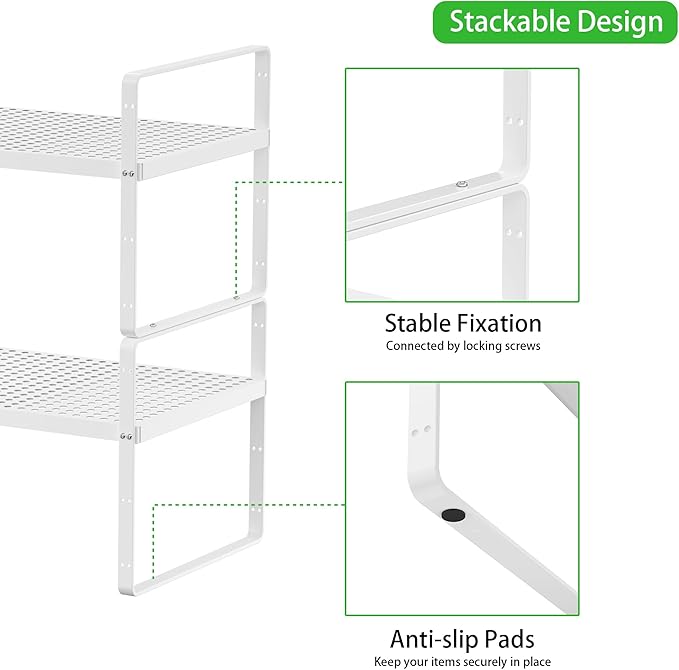 Expandable Cabinet Storage Shelf Stackable Organizer Rack for Kitchen Bathroom Pantry Spice Cupboard Coffee Countertop Home Office Desk Heavy Duty Nonslip White Large 1 Pack-Ruum Studio Home