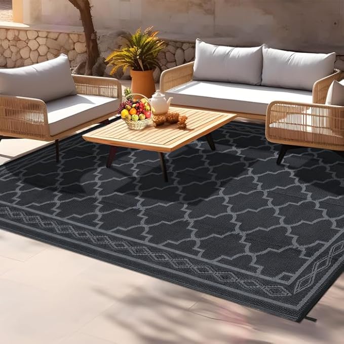 GAOMON Outdoor Rug 9'x12' Waterproof Rug for Patio Decor, Foldable Reversible Plastic Straw Area Rugs Mat for Camper, Outside Carpet for Deck, Porch, Picnic, Beach, Black/Grey(Geometric)-Ruum Studio Home