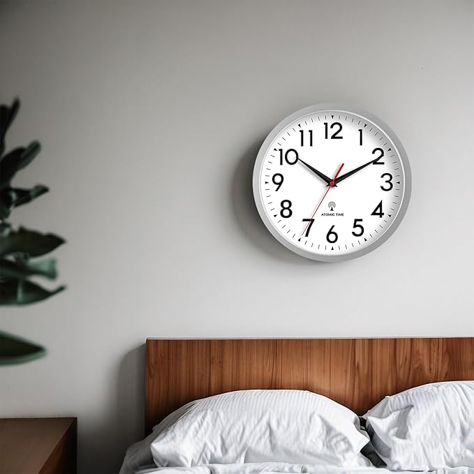 Atomic Wall Clock Analog 10 Inch Battery Operated Modern Decorative for Living Room Kitchen Office Bedroom Bathroom(Silver)-Ruum Studio Home