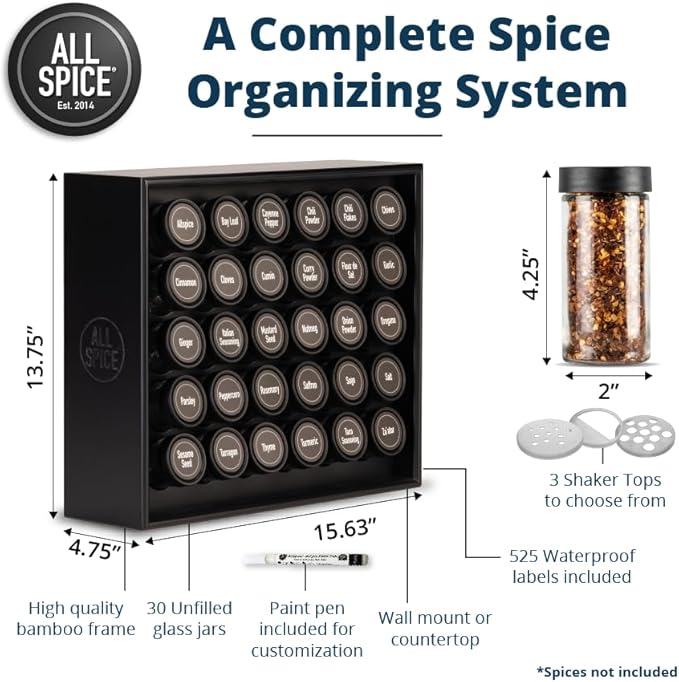 AllSpice Spice Rack Organizer, Wood, 525 Unique Labels, Countertop or Wall Mount, Includes 30 4oz Jars- Matte Black-Ruum Studio Home