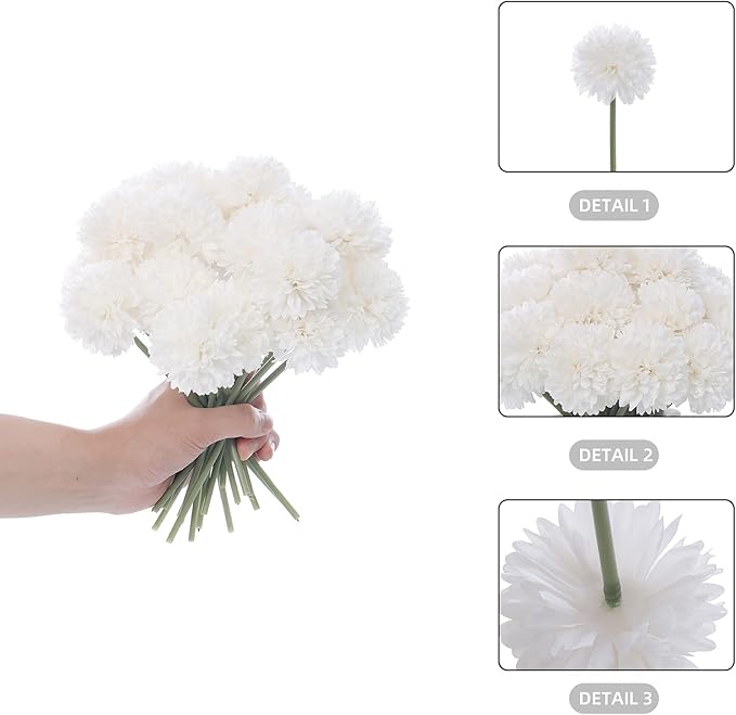 Kimura's Cabin 20Pcs Fake White Flowers Artificial Chrysanthemums Ball Flower Faux Silk Mums Flowers for Wedding Party Home Kitchen Table Core Decoration DIY Bouquets (White)-Ruum Studio Home