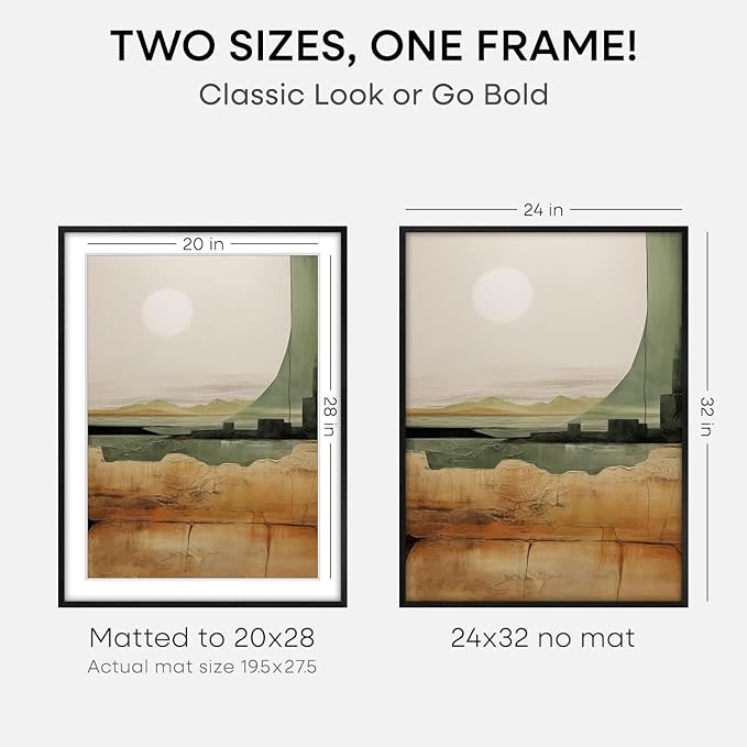 Homeforia Black Wood Frame 24x32, High End Oak 24x32 Large Wooden Poster Frames with Mat 20x28 inch Photo, 24 x 32 Picture Frame Matted to 20 x 28, 32x24 Thin Frame, Tempered Glass, Wall Kit, Set of 1-Ruum Studio Home