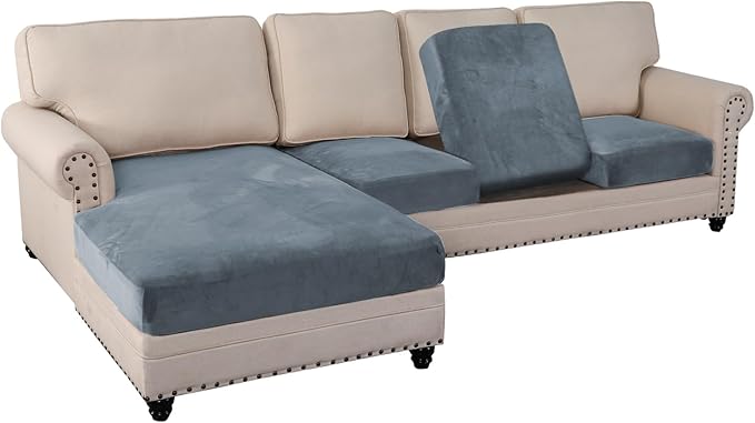 PrinceDeco 4-Piece Sectional Couch Cover Set - Thick Chaise & Couch Cushion Covers with Elastic Band for L-Shape Sofa, 3 Seater + 1 Chaise, Stone Blue-Ruum Studio Home