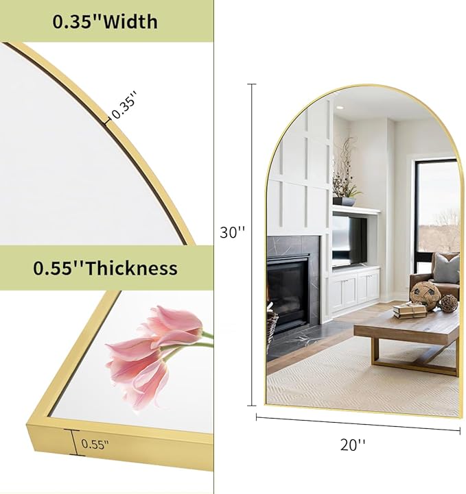 BEAUTYPEAK 20"x30" Arch Bathroom Mirror, Wall Mounted Vanity Metal Frame Mirror for Bedroom, Entryway, Living Room, Gold-Ruum Studio Home