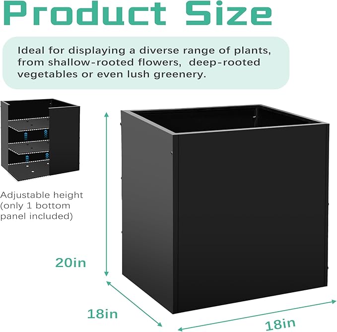 Metal Rectangular Planter Box, Small Planter Boxes Outdoor, 18''L x 18''W x 20''H Heavy Duty Plant Box with Removable Insert Shelf, 3 Tier Adjustable Height Tall Garden Planter for Plants, Flowers-Ruum Studio Home