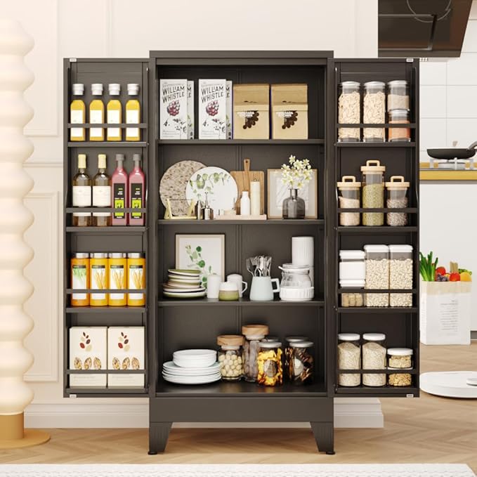 51" Kitchen Pantry Cabinet, Metal Storage Cabinet with 3 Adjustable Layer Shelves, 8 Door Shelves, Buffet Sideboard for Living Room, Kitchen, Black-Ruum Studio Home