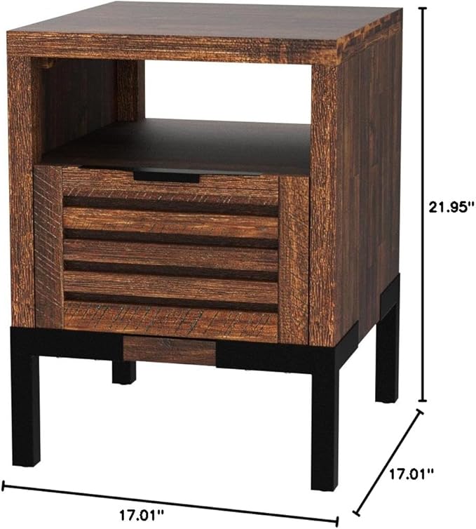Bme Millie Solid Acacia Wood Rustic Nightstand with Drawers & Open Shelf, Pre-Assembled Industrial Modern Side Table for Living Room, Bedroom-Ruum Studio Home