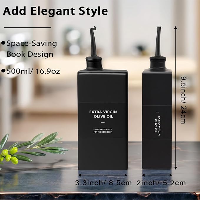 Olive Oil Dispenser Bottle for Kitchen 16.9oz, Glass Oil Bottles and Vinegar Dispenser Set, Decorative Avocado Oil Dispenser Set (Black, Set of 2)