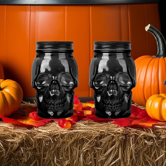 Set of 2 Skull Mason Jar Glasses with Lids | 16oz Reusable Halloween Drinking Glasses | Unique Skull Décor, Storage, & Canning Jars for Parties & Gifts-Ruum Studio Home