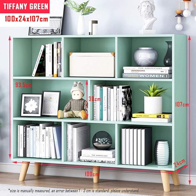 IOTXY Wooden Open Shelf Bookcase - 3-Tier Floor Standing Display Cabinet Rack with Legs, 8 Cubes Bookshelf, Tiffany-Green-Ruum Studio Home