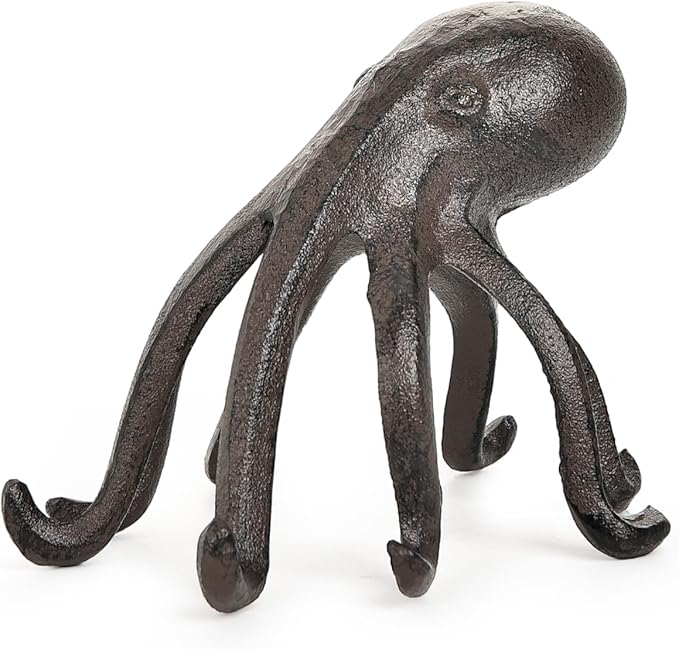 Sungmor Cast Iron Octopus Statue, Decorative Bookend, Cute Sculpture on Bookshelf or Desk, Creative Cell Phone Holder, Octopus Stand for Tablet, Black Brown-Ruum Studio Home