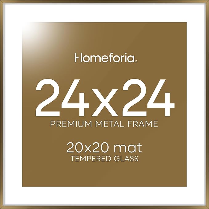 Homeforia 24x24 Picture Frame Bronze, High End Metal 24 x 24 Large Square Poster Frames with Mat 20 by 20 inch Photo, 24by24 Thin Brass Frames Matted to 20x20 Print, Tempered Glass, Wall Kit, Set of 1-Ruum Studio Home