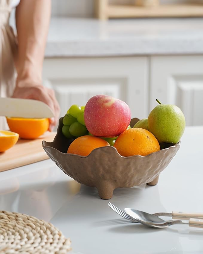 Fruit Bowl for Kitchen Counter, Porcelain Decorative Bowl for Home Décor Modern Pedestal Bowl with 3-Legs Large Centerpiece Bowl for Breads, Nuts, Brown-Ruum Studio Home