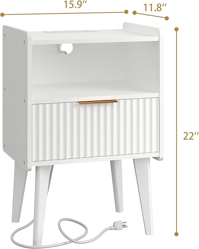 Fluted Nightstand with Charging Station, Modern Bedside Table with Drawer,White Nightstand with Solid Wood Legs, End Table,Side Table for Living Room,Bedroom White CTG57WE-Ruum Studio Home