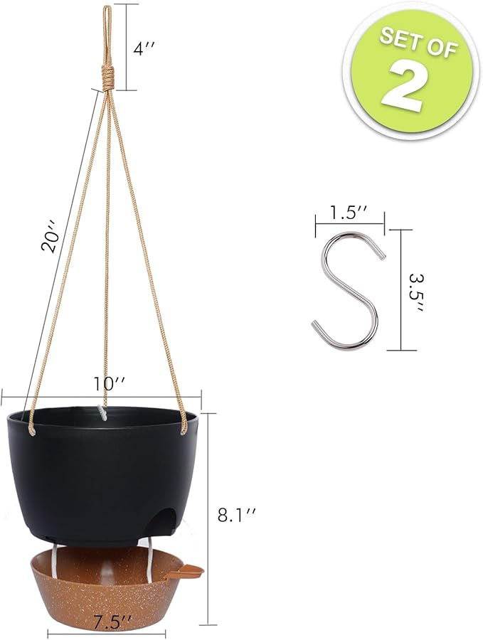 10 Inch Self Watering Hanging Pots, 2 Pack Hanging Planters with 40oZ Deep Reservior for Indoor Outdoor Plants Flowers, Black with Brown-Ruum Studio Home
