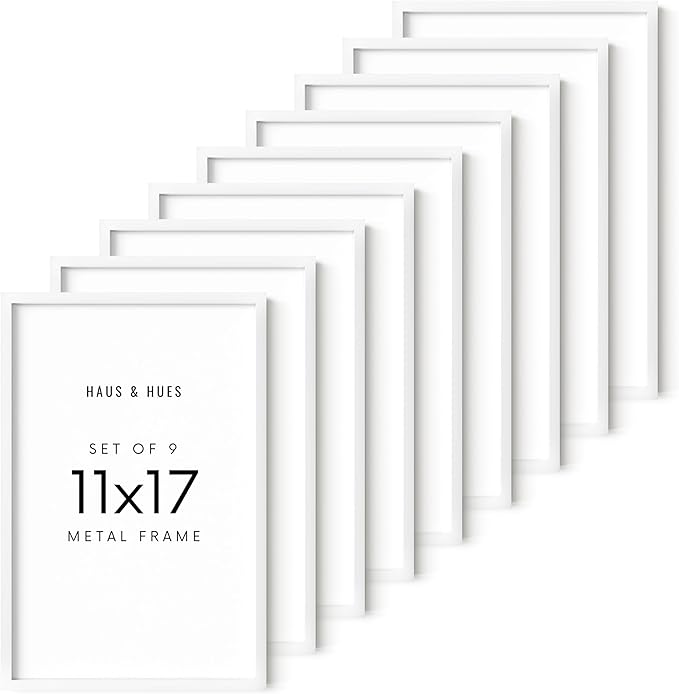 HAUS AND HUES 11x17 White Metal Picture Frames - Features Premium Aluminum, Vertical & Horizontal Hang, Shatterproof Plexiglass - Ideal for Home, Room, Office (11x17 in, White, Set of 9)-Ruum Studio Home