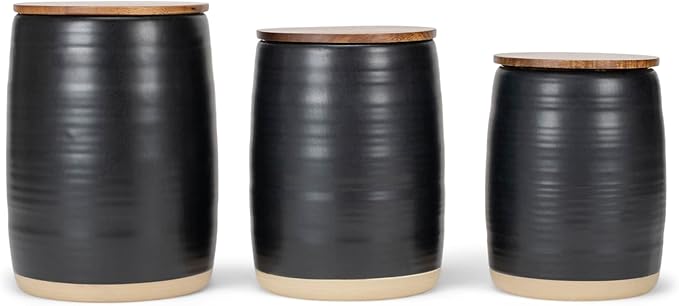 Nat & Jules Lidded Black 6 inch Ceramic and Wood Kitchen Canisters Set of 3-Ruum Studio Home