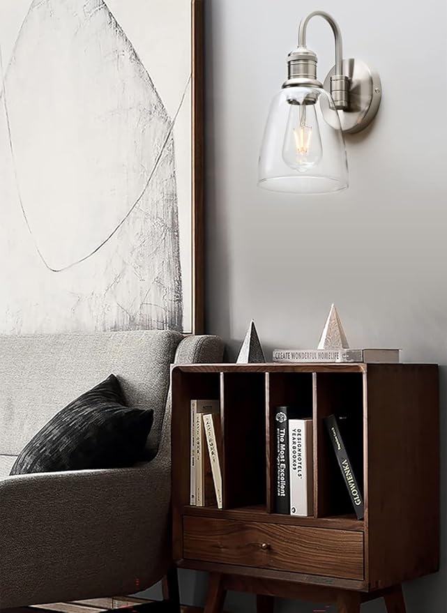 Yosoan 1-Light Brass Modern Vintage Indoor Wall Sconce, Vanity Single Luxury Hardwired Retro Textured Clear Oval Cone Glass Shade with Industrial Gooseneck Curved Rod Bathroom Lamp(Brushed)-Ruum Studio Home