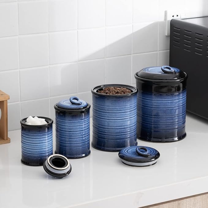 Nihow Food Storage Jar Sets: Ceramic Container with Air Tight Lid for Flour/Sugar/Rice/Coffee/Cookies/Candy - Seal Damp-proof Canister for The Kitchen Counter - Set of 4 （Blue & Black）-Ruum Studio Home