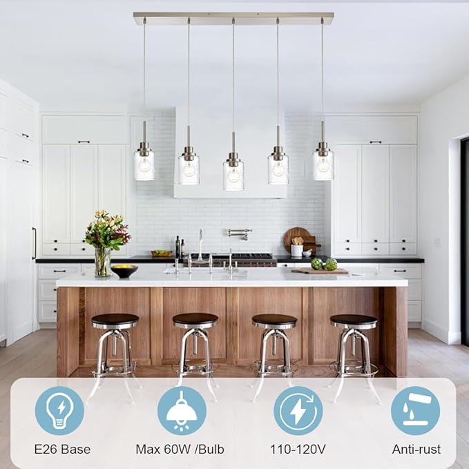 Lighting Contemporary Brushed Nickel Linear Chandelier Pendant Light 5 Lights Clear Seeded Glass Farmhouse Pendant Lighting Modern Dining Room Light Fixture for Living Room Kitchen Island-Ruum Studio Home