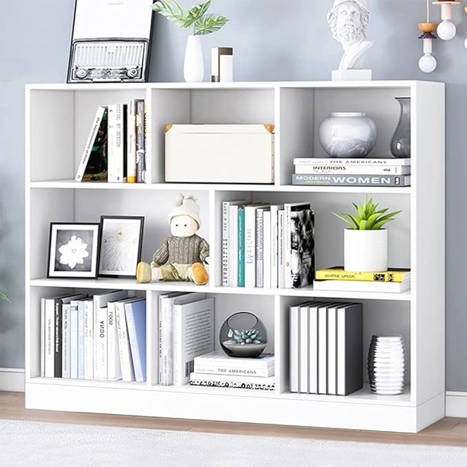IOTXY Open Shelf Low Bookcase - Wooden 3-Tier Floor Standing Display Cabinet Organizer with Base, 8 Cubes Short Horizontal Bookshelf in Warm White-Ruum Studio Home