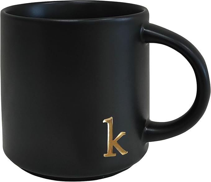 COLLECTIVE HOME - Black Monogram Ceramic Mugs, 15 oz Golden Initial Coffee Cups, Elegant Alphabet Tea Mugs, Personalized Halloween Mug with Gift Box, Perfect for Office and Home Décor (k)-Ruum Studio Home