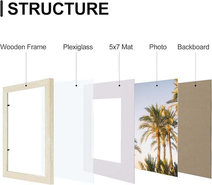 Vittanly 8x10 Picture Frames Set of 9, Shatter Resistant Plexiglass, Display 5x7 Pictures with Mat or 8x10 without Mat, Photo Frames for Wall or Tabletop, Engineered Wood, Cornsilk-Ruum Studio Home
