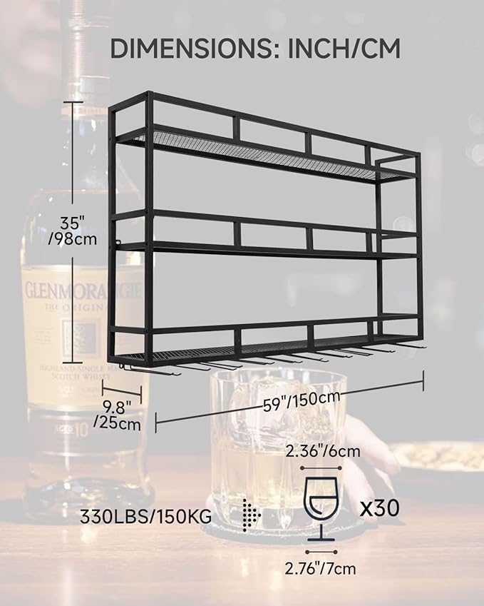 59" Large Wine Rack Wall Mounted with Bottle Glass Holder, 3-Tiers Metal Liquor Floating Shelves with LED Light, Wall Bar Shelf for Home, Restaurant, Commercial Bar, Kitchen Storage Display-Ruum Studio Home