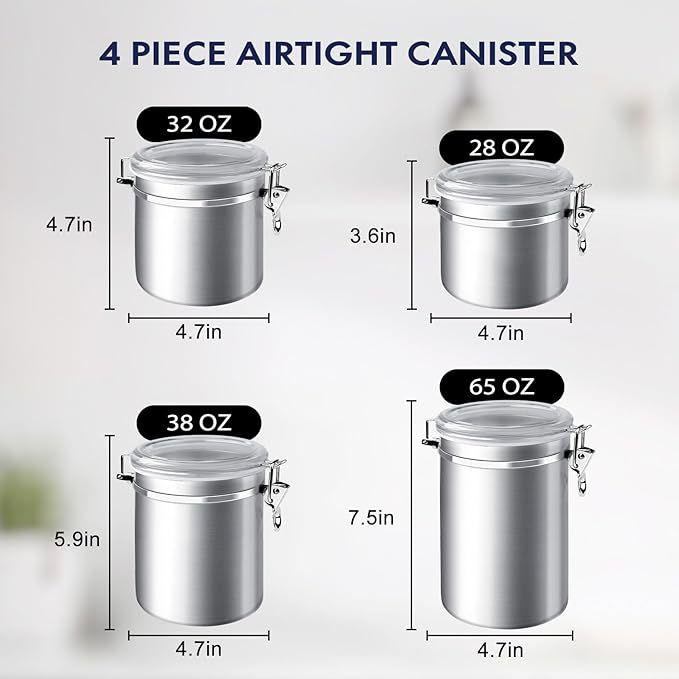 ENLOY 4-Piece Stainless Steel Airtight Food Storage Canister Set with Clear Lid, Containers Sets for Kitchen Counter for Sugar, Flour, Tea, Candy, Cookie, Spice, 28/32/38/65 oz-Ruum Studio Home