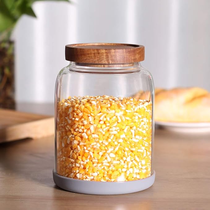 Glass Storage Jars with Airtight Lids, Set of 2 42 FL OZ (1250ml) coffee container with Wooden Lid, Glass Pantry Canister for Beans, Rice, Sugar and etc (6.3 inch high)-Ruum Studio Home