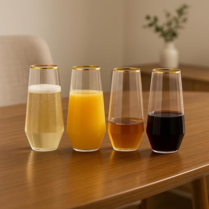 48 Pack Diamond Unbreakable Stemless Plastic Wine Stemless Toasting coacktail Glasses, Durable 9 Oz BPA-Free Disposable Champagne Flutes for Weddings, Bars, Events, and Celebrations (Diamond Gold Rim)-Ruum Studio Home