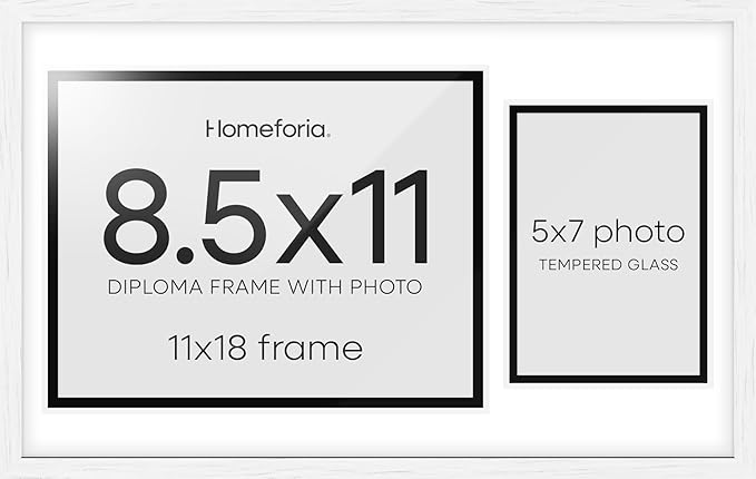 Homeforia 11x18 White Diploma Frame with Photo, High End Oak 11 x 18 Certificate Wood Frame with Mat 8.5x11 Diploma and 5x7 Picture, 18 by 11 Wooden Document Frames, Tempered Glass, Wall Kit, Set of 1-Ruum Studio Home