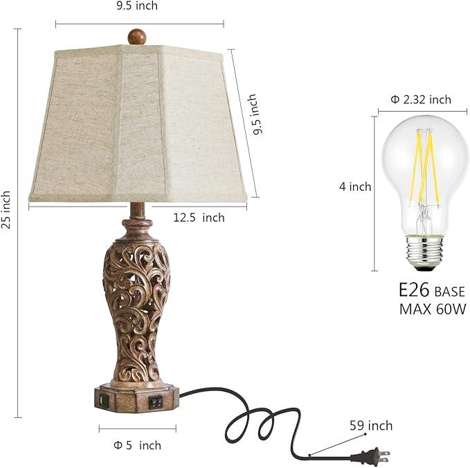 Set of 2 Rustic Table Lamps for Living Room Bedroom, 2 USB Ports 25'' Vintage Farmhouse Desk Lamp with Nightlight, Brown Hollow Out Resin Lamp for End Table (Bulbs Included)-Ruum Studio Home