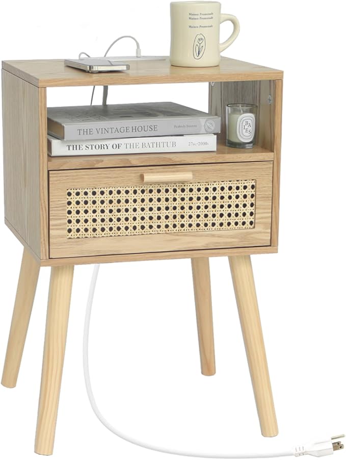 MaxSmeo Bedside Table, Small Nightstand with Charging Station, Rattan Side Table Wood End Table for Living Room, Bedroom and Small Spaces, Mid Century Modern Nightstand, Easy Assembly (Natural)-Ruum Studio Home