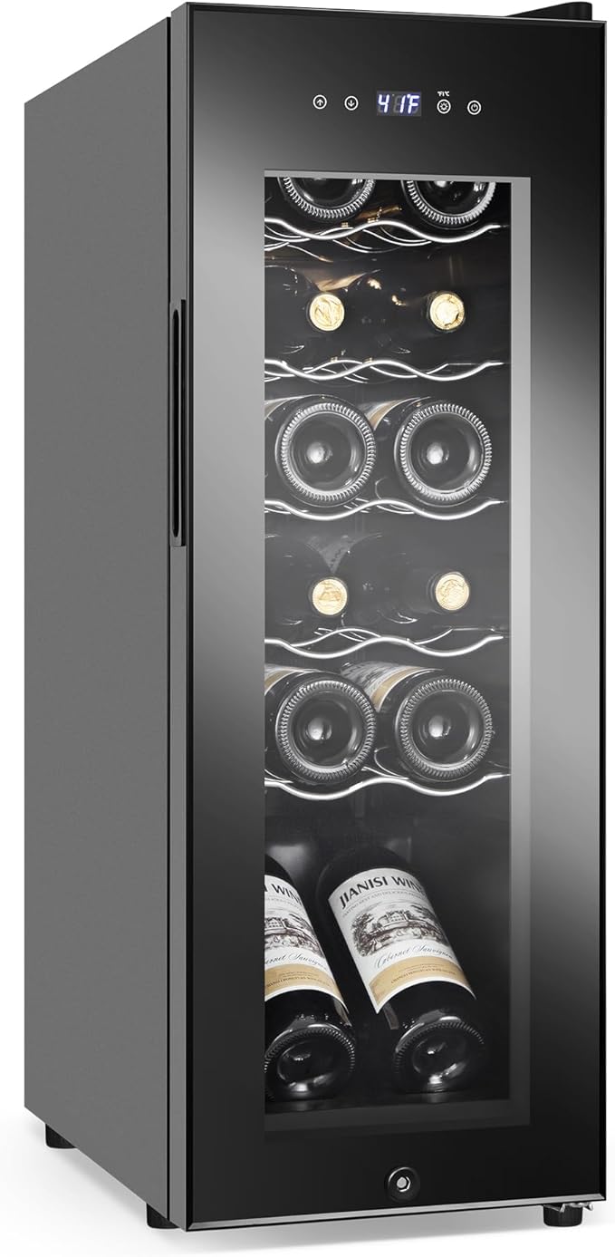 Wine Cooler Refrigerator 12 Bottles, Small Wine Fridge Mini Wine Fridge Countertop with Glass Door Wine Cellars for Red Wine, Champagne, Dry White Wine, Sparkling Wines-Ruum Studio Home