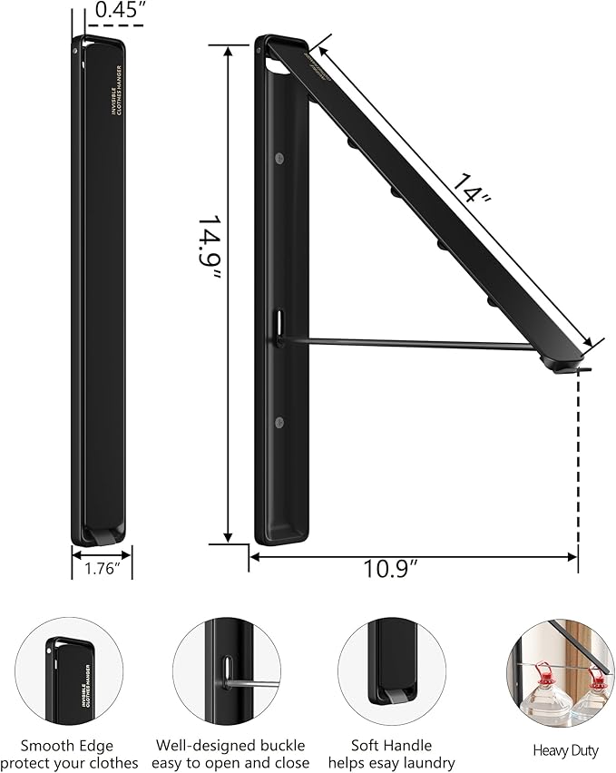 Dr.DJ Clothes Drying Rack Wall Mounted, Retractable & Foldable Clothes Hanger for Laundry Room Organization and Storage, Clothes Hanger Rack for Dorm, Closet, Balcony, Laundry Room(1P, Metal, Black)-Ruum Studio Home