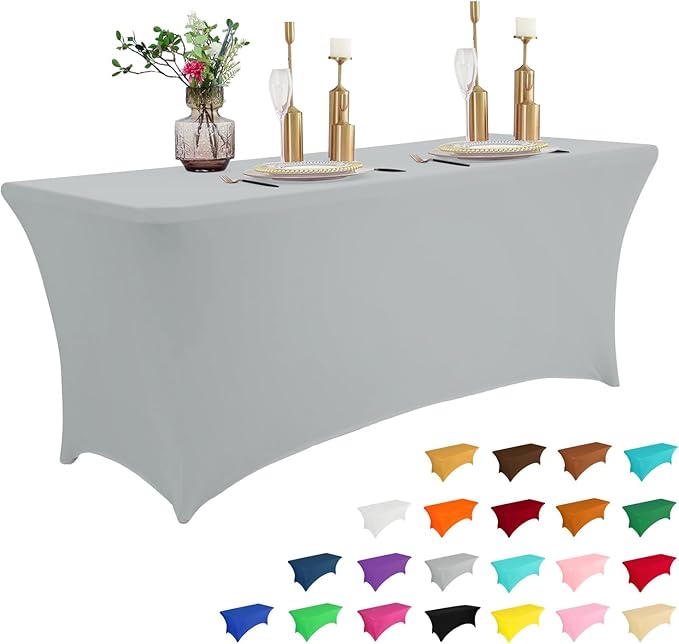 IVAPUPU 8FT Table Cloth for Rectangular Fitted Events Stretch Grey Table Covers Washable Cover Spandex Tablecloth Protector for Party, Wedding, Cocktail, Banquet, Festival-Ruum Studio Home