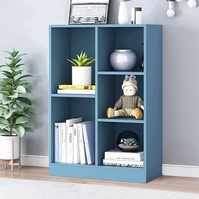 IOTXY Open Shelf Low Bookcase - Wooden 3-Tier Floor Standing Display Cabinet Organizer with Base, 5 Cubes Short Horizontal Bookshelf in Bright Blue-Ruum Studio Home