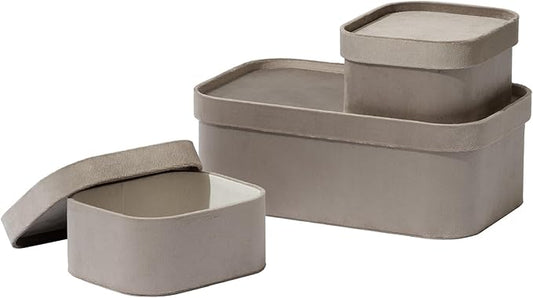 La Jolie Maison Velvet Storage Baskets with Lids, Sturdy Stackable Cardboard Boxes with Decorative Trays, Organizer Bins for Bathroom Bedroom Organizing, Taupe, Set of 3-Ruum Studio Home