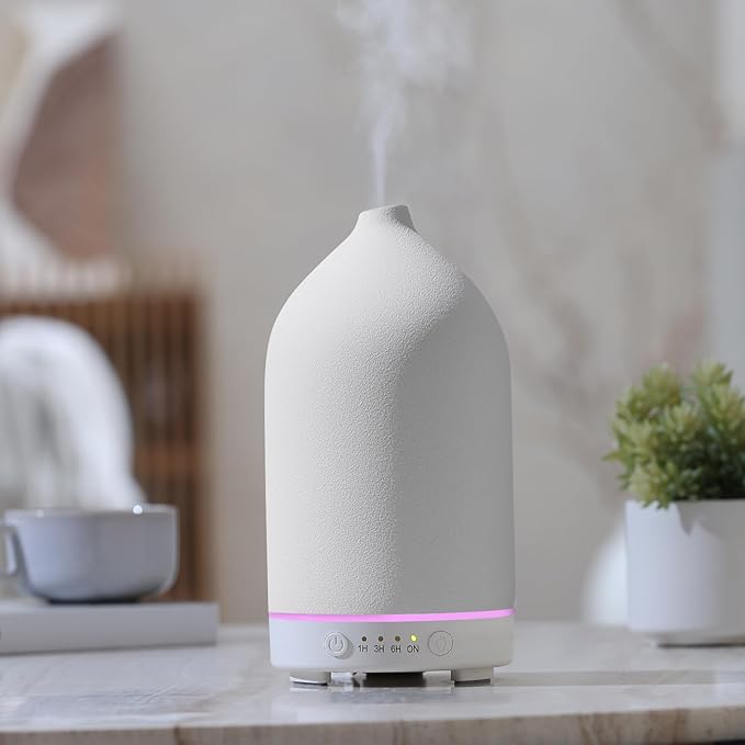 200ML Ceramic Essential Oil Diffuser - Ultrasonic Aromatherapy & Humidifier with 7-Color LED Lights, Auto Shut-Off, White, 1H/3H/6H Timer | Scent for Home,Office,Yoga-Ruum Studio Home