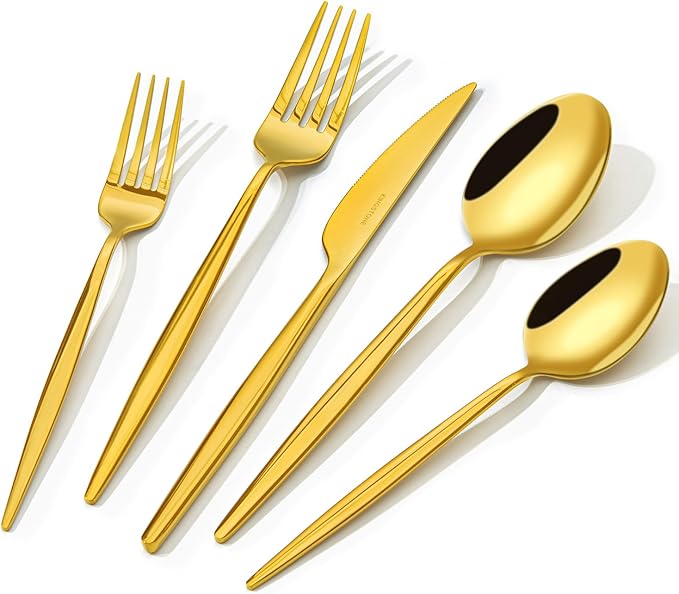 KINGSTONE Silverware Set, 60-Piece Flatware Set Cutlery Set Premium 18/10 Stainless Steel, Tableware Include Forks Knives Spoons for Home Kitchen Restaurant Wedding, Dishwasher Safe,Gold-Ruum Studio Home