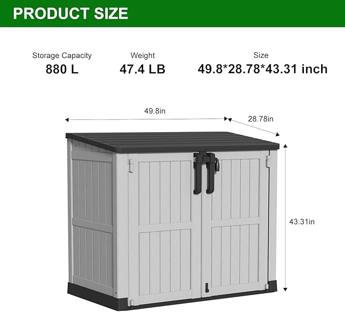 Outdoor Storage Shed Resin Tool Shed, 36 Cu Ft Waterproof Outdoor Horizontal Storage, Weather-Resistant Utility Shed with Air Vent for Trash and Lockable Doors, Garden Tools-Ruum Studio Home