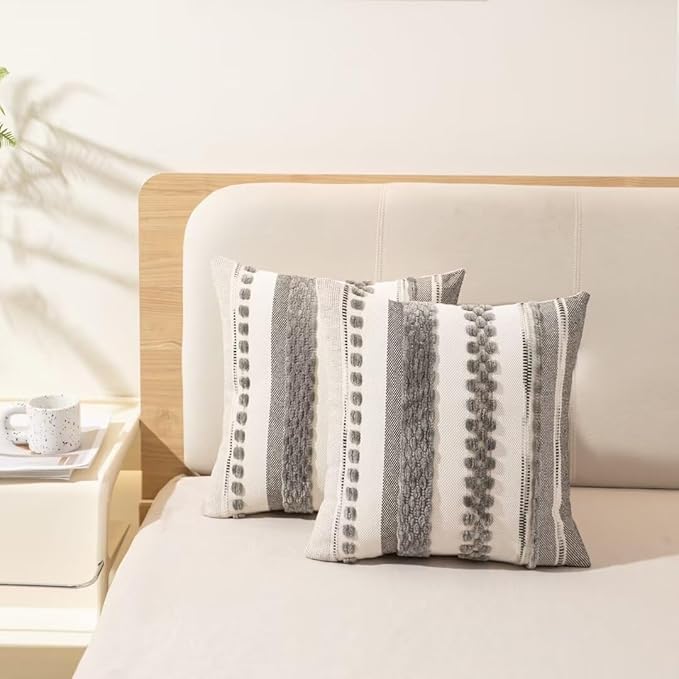 Boho Throw Pillow Covers 18x18 Set of 2 Farmhouse Decorative Cushion Case Striped Square Pillows Cover Chenille Pillow Cases Accent Neutral Pillowcase for Sofa Couch Bed,Gray-Ruum Studio Home