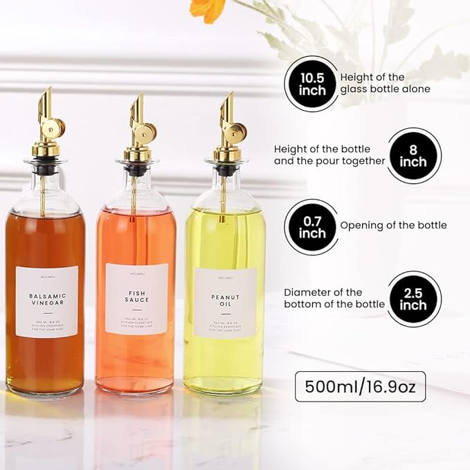 Molimoli Oil and Vinegar Dispenser with Metal Pour Spout, Weighted Pourer, Glass Bottle Dispenser for Kitchen, Olive Oil Cruet, Glass Olive Oil Bottle | 500ml, Set of 4-Ruum Studio Home