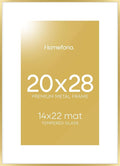 Homeforia 20x28 Picture Frame Gold, High End Metal 20 x 28 Poster Frames with Mat 14 by 22 Photo, 20x28 Gold Frame Matted to 14x22 Print, 28x20 Large Hanging Frames, Tempered Glass, Wall Kit, Set of 1-Ruum Studio Home