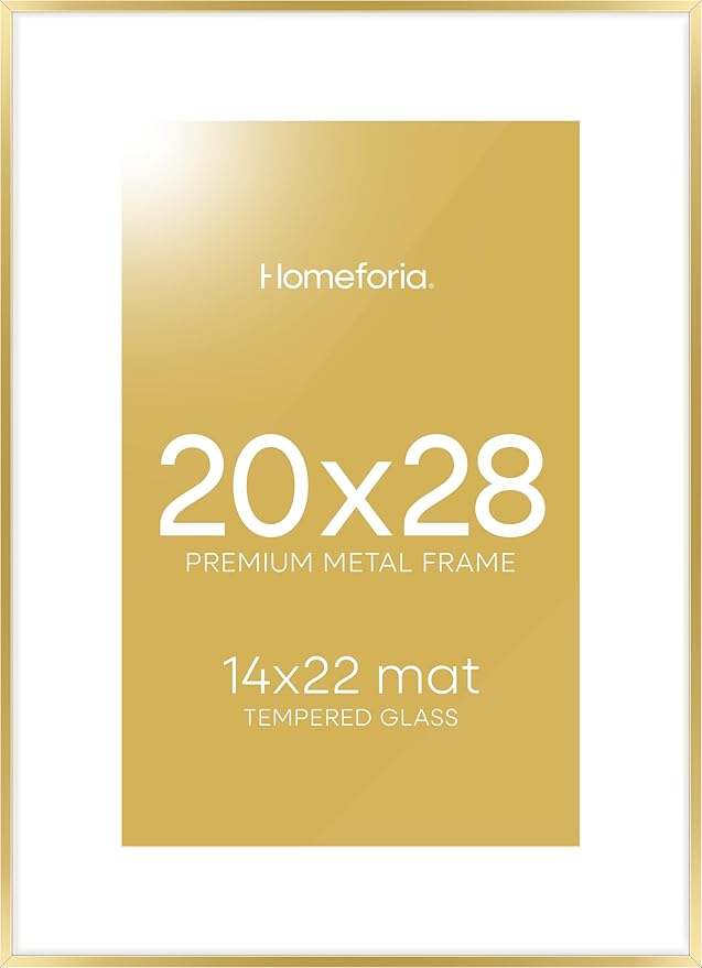 Homeforia 20x28 Picture Frame Gold, High End Metal 20 x 28 Poster Frames with Mat 14 by 22 Photo, 20x28 Gold Frame Matted to 14x22 Print, 28x20 Large Hanging Frames, Tempered Glass, Wall Kit, Set of 1-Ruum Studio Home