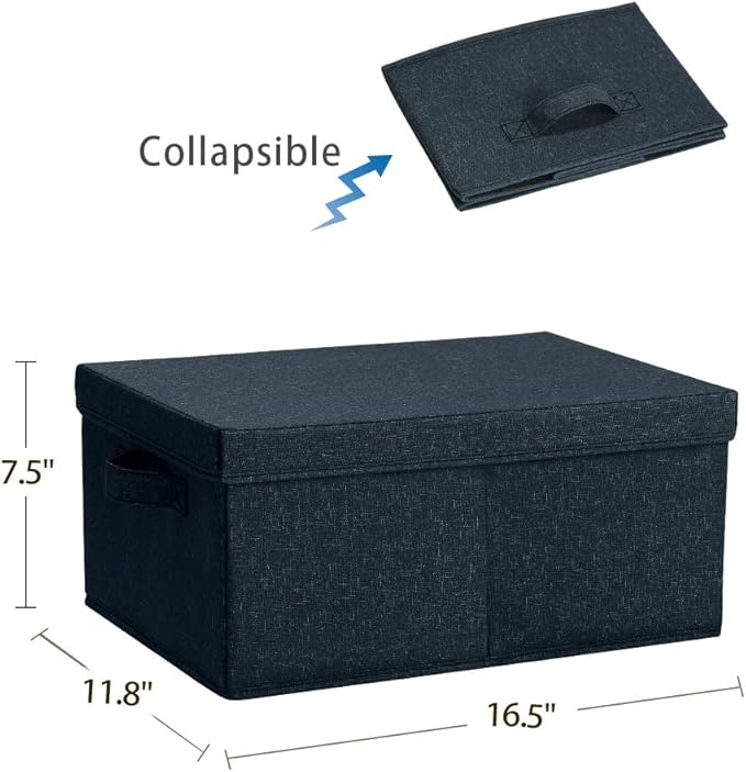 HOONEX Linen Foldable Storage Bins with Lids, 2 Pack, Storage Boxes with Carrying Handles and Sturdy Heavy Cardboard, 16.5" L x 11.8" W x 7.5" H for Shoes, Books, Clothes, Nursery, Dark Grey-Ruum Studio Home