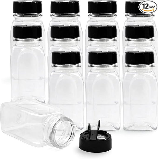 RoyalHouse 12 Pack 9.5 Oz Plastic Spice Jars with Black Cap, Clear and Safe Plastic Bottle Containers with Shaker Lids for Storing Spice, Herbs and Seasoning Powders, BPA Free, Made in USA-Ruum Studio Home