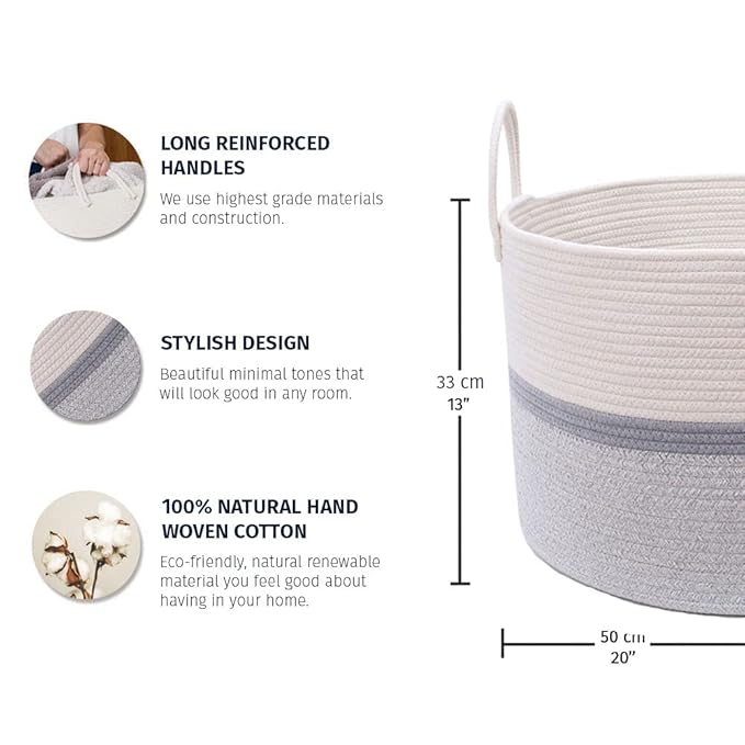 OrganiHaus Extra Large Blanket Basket for Living Room 20x13, Natural Cotton Rope Laundry Basket, Sturdy Hamper for Toy Storage, Cushions & Pillows Storage Bin, Nursery Decor Hamper - White/Gray-Ruum Studio Home
